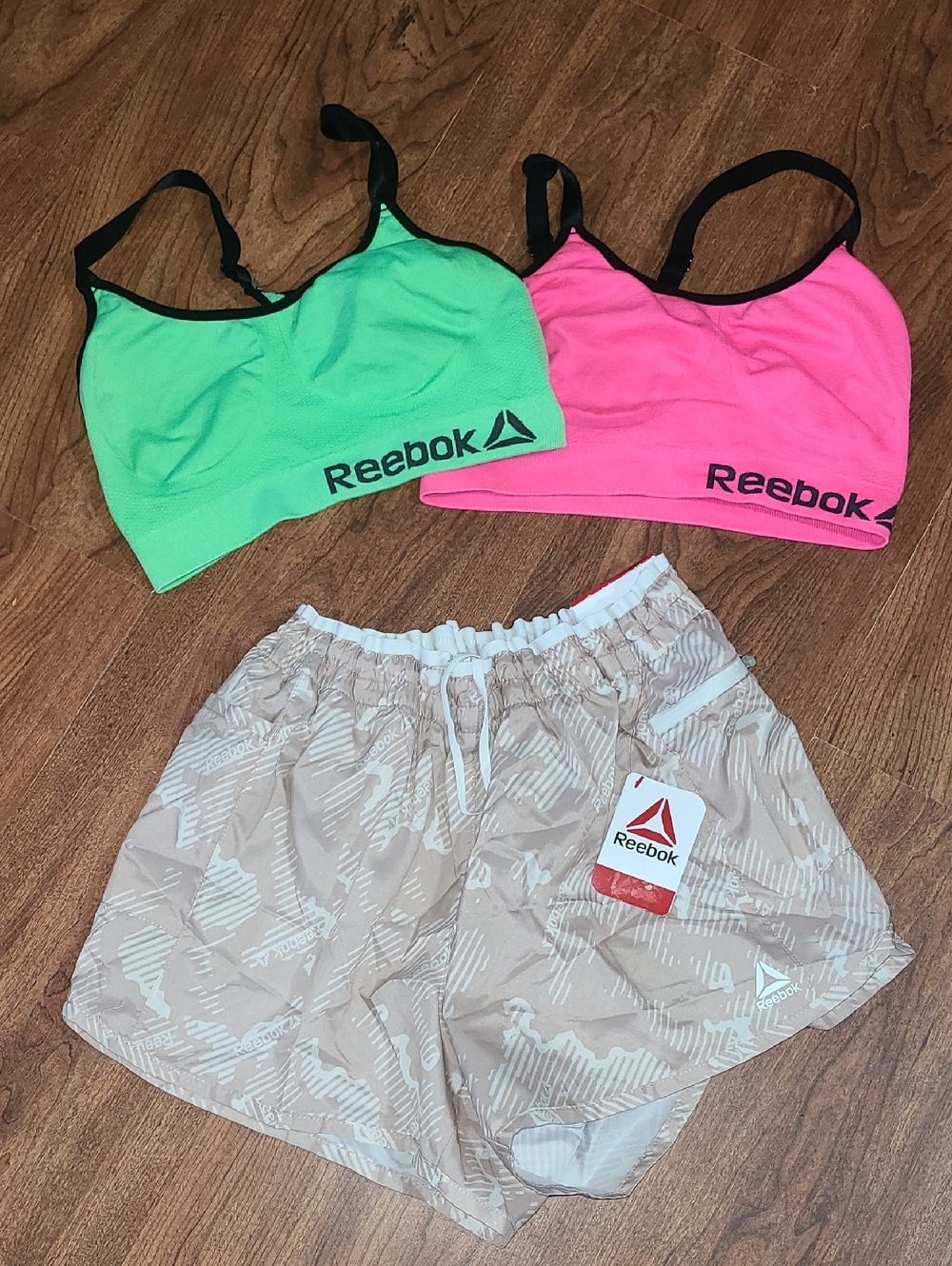 Reebok Neon Pink & Neon Green Sports Bras with Beige Patterned Shorts Size M